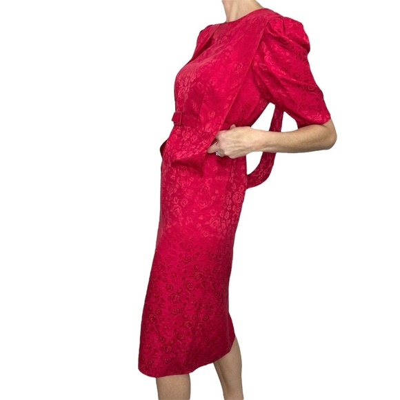 Vintage 80s Maggy London 100% silk red belted floral midi shift dress 6 - Picture 3 of 16